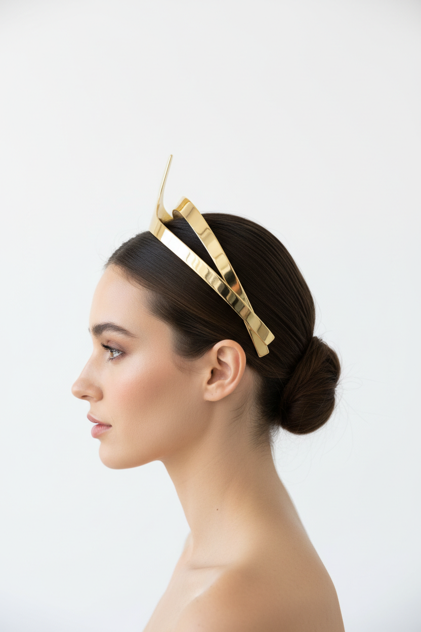 Minimalist polished gold bridal crown styled on a modern bride with sleek hair